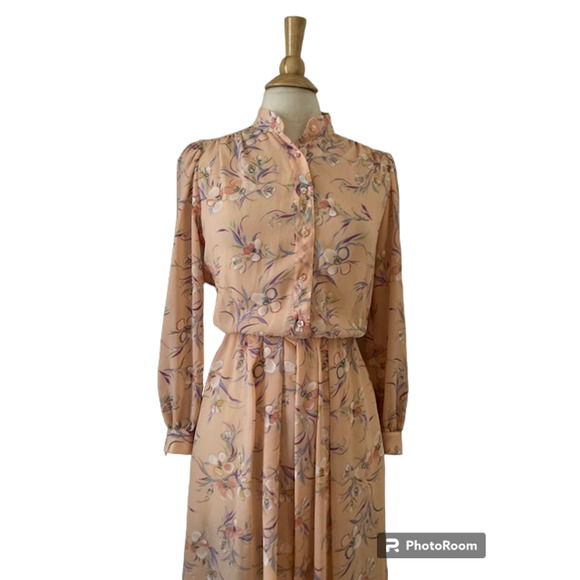 BIG SALE! Vintage 70's Matti Of Lynne Peach Floral Dress - Size 8 - Picture 8 of 10